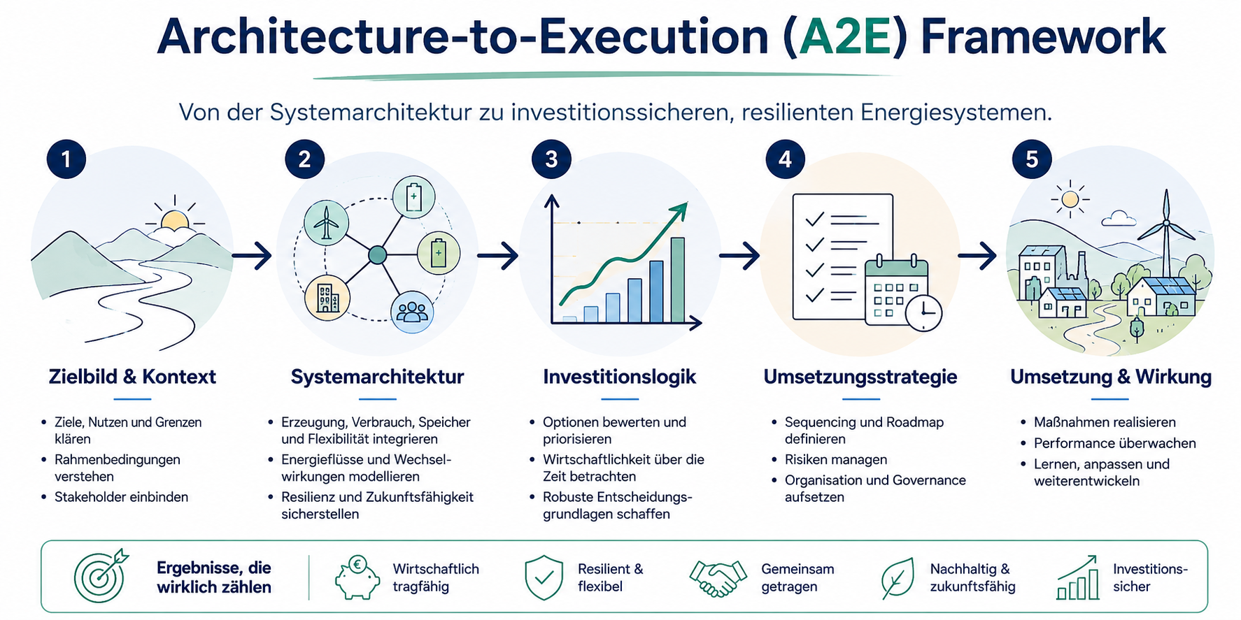 A2E Framework-architecture-to-execution-energie-systeme-infografik.jpg Infografik des Architecture‑to‑Execution, A2E Frameworks mit fünf Schritten zur Entwicklung investitionssicherer, resilienter Energiesysteme: Zielbild und Kontext, Systemarchitektur, Investitionslogik, Umsetzungsstrategie sowie Umsetzung und Wirkung.